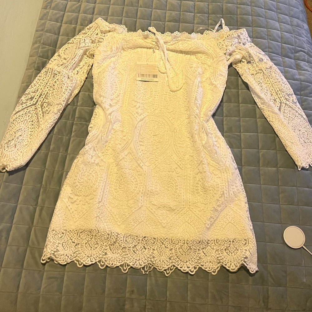 Missguided White Lace Tie Bardot Shift Dress NWT